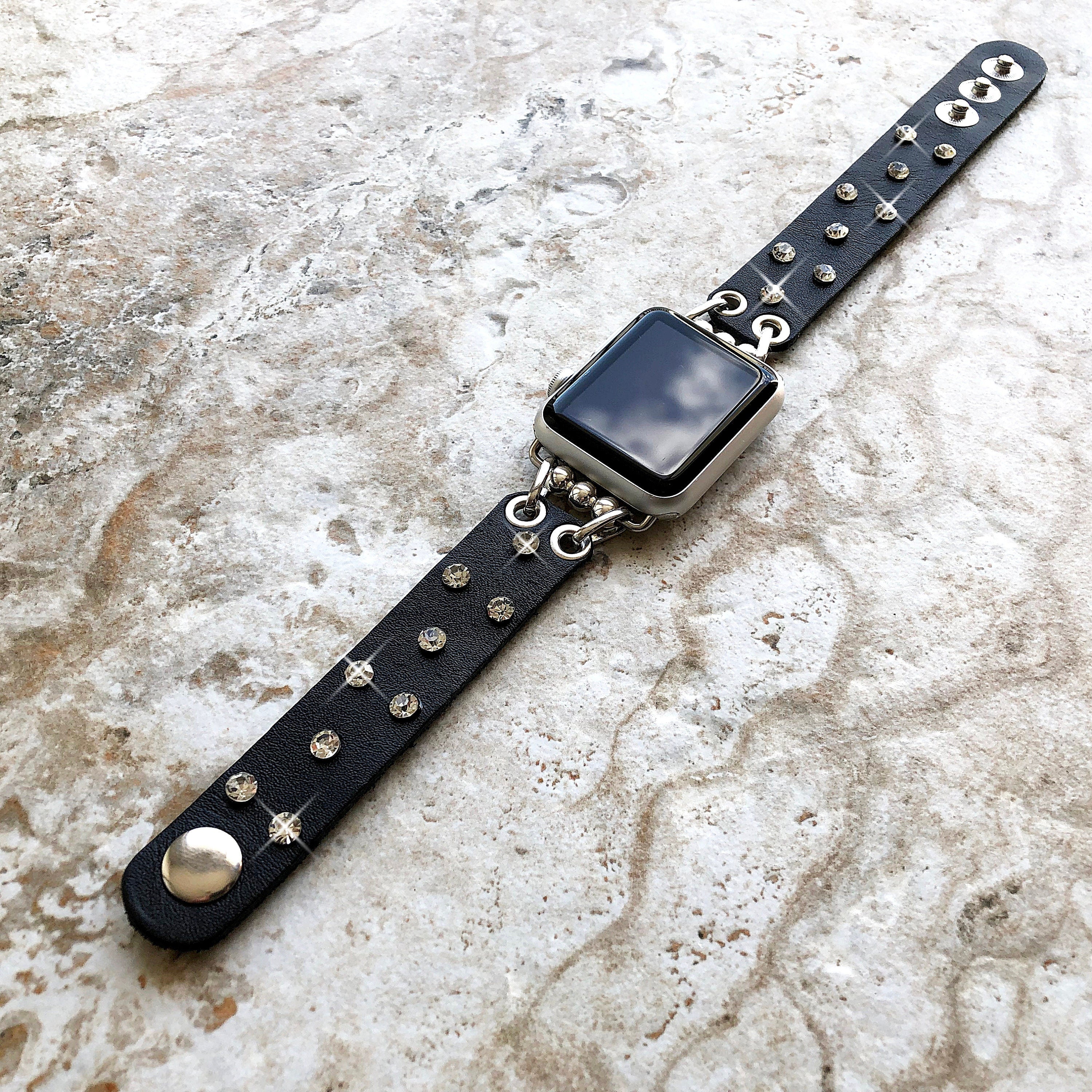 Apple Watch Ultra 2 and 9 8 Series Black Leather Bracelet Band with Crystals for iWatch 41mm 45mm 49mm Handmade Strap BL20-CLC5